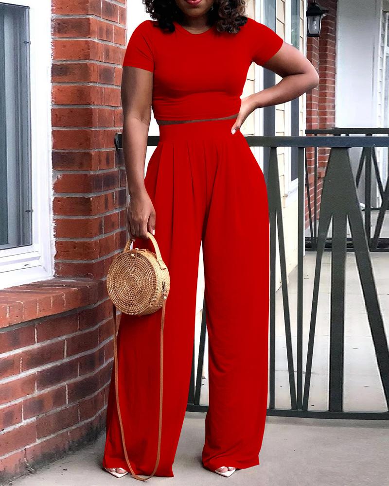 

Plain Crop Top & Wide Leg Pants Set, Red