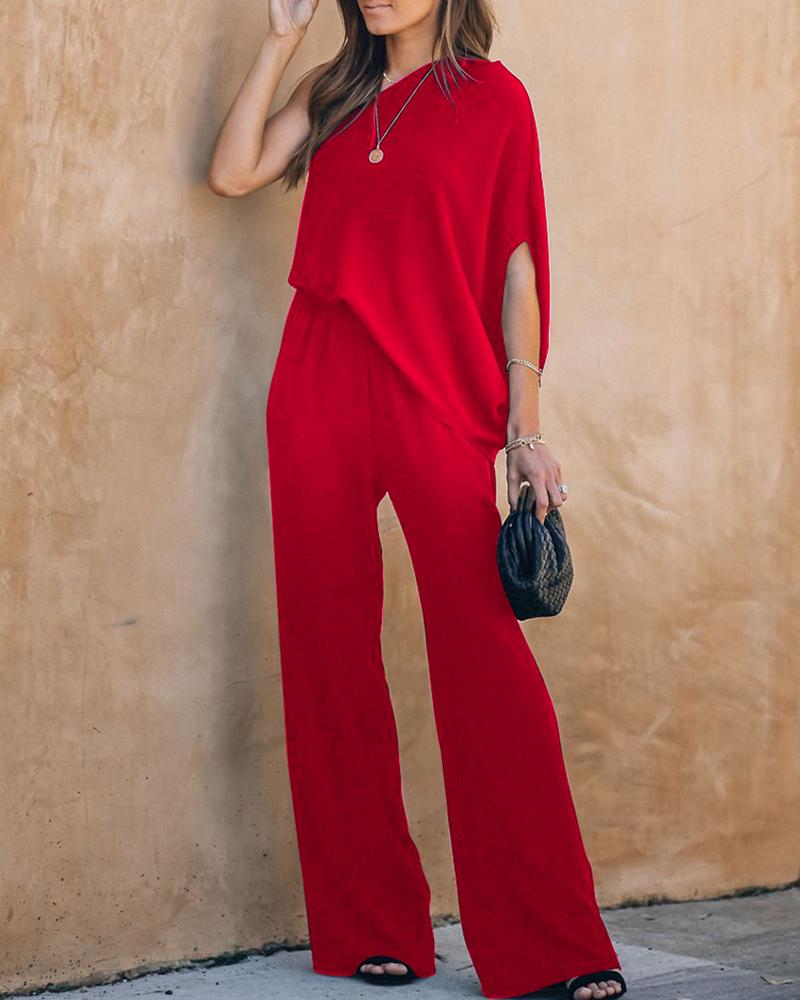 

One Shoulder Flare Leg Jumpsuit, Red