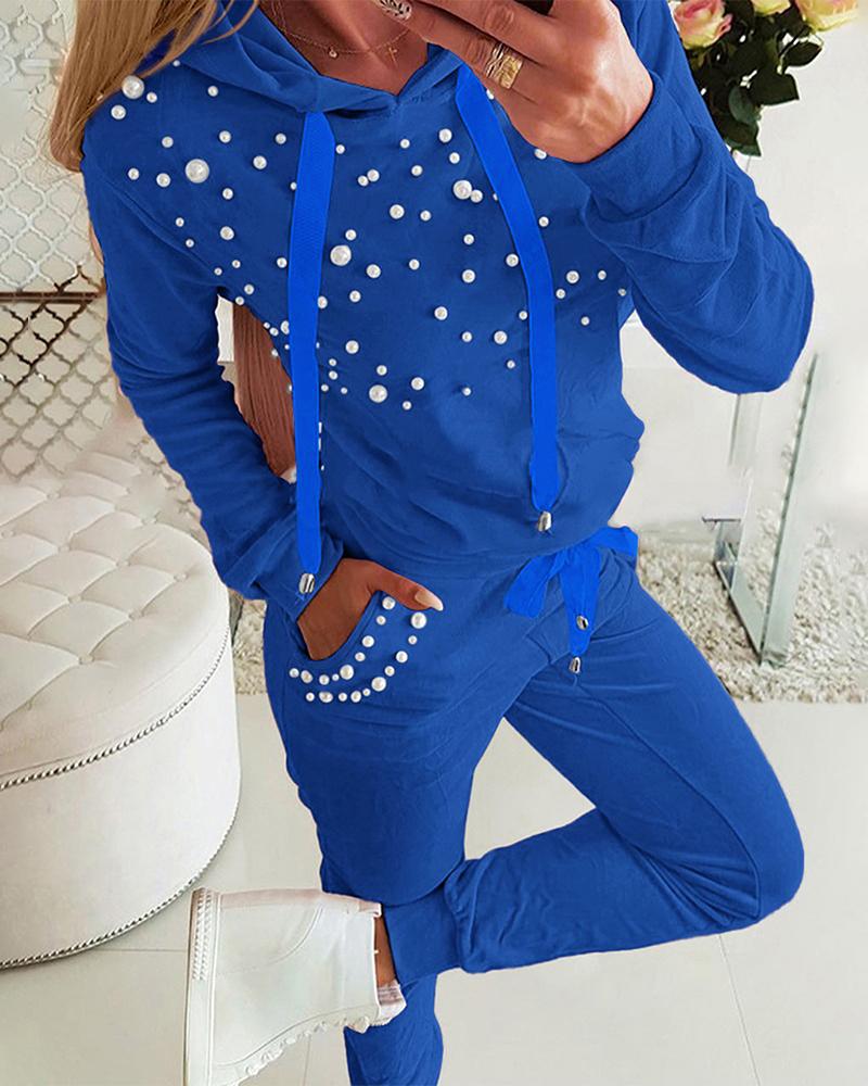 

Beaded Hooded Top & Drawstring Pants Set, Blue