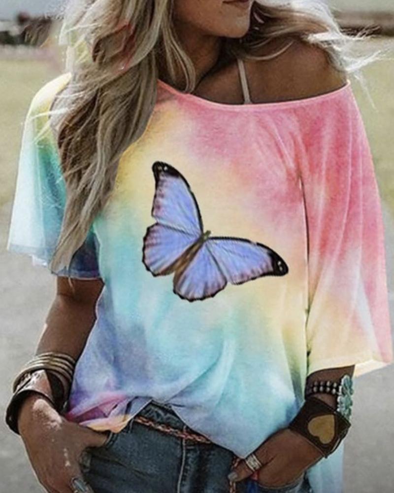 

Butterfly Tie Dye Print Casual T-shirt, Red