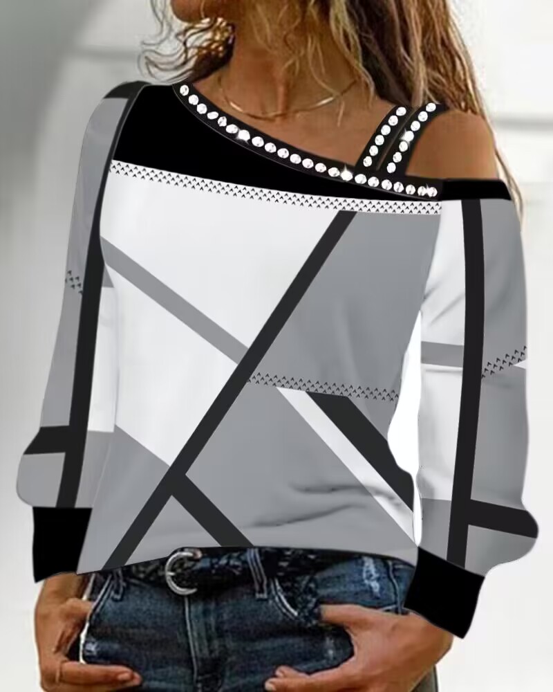 

Geometric Print Rhinestone Cold Shoulder Top, Gray