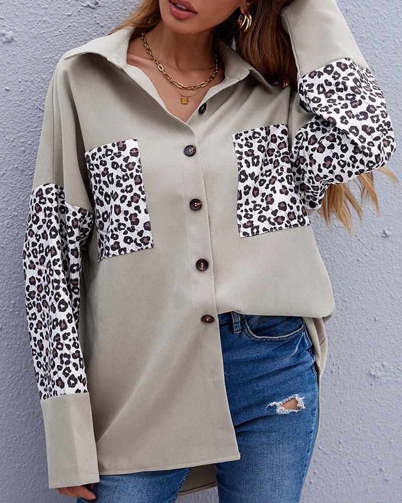 

Cheetah Print Colorblock Buttoned Long Sleeve Shirt, Apricot