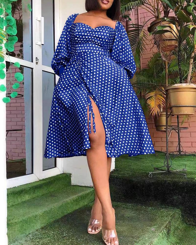 

Polka Dot Print Drawstring Ruched Slit Dress, Blue