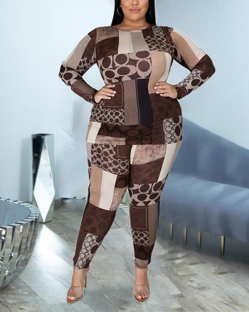 

Plus Size Geo Print Long Sleeve Top & Pants Set, Brown
