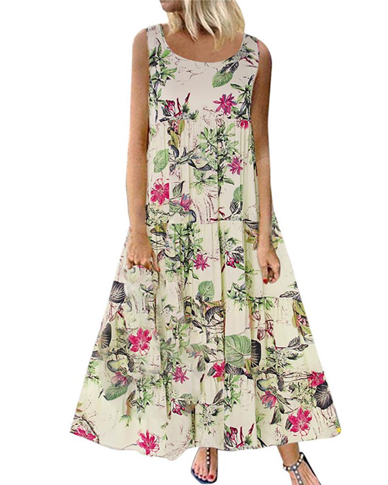 

Floral Leaf Print Sleeveless Maxi Dress, White