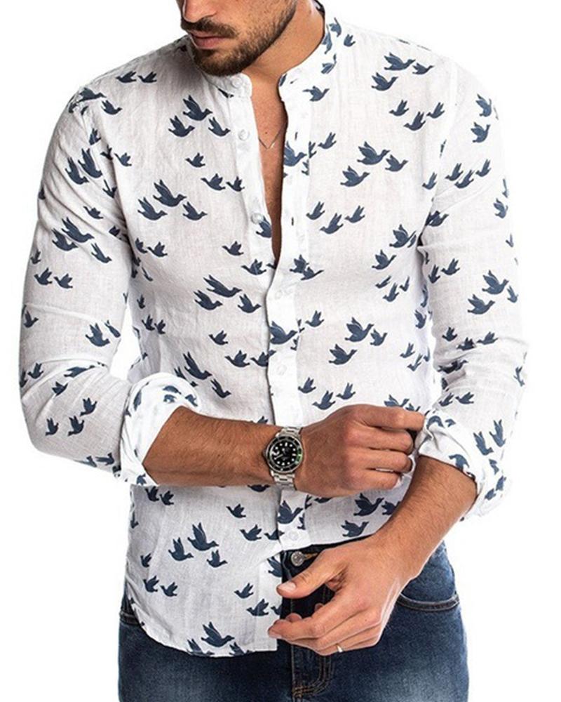 

Bird Print Long Sleeve Skinny Button-up Shirts, White