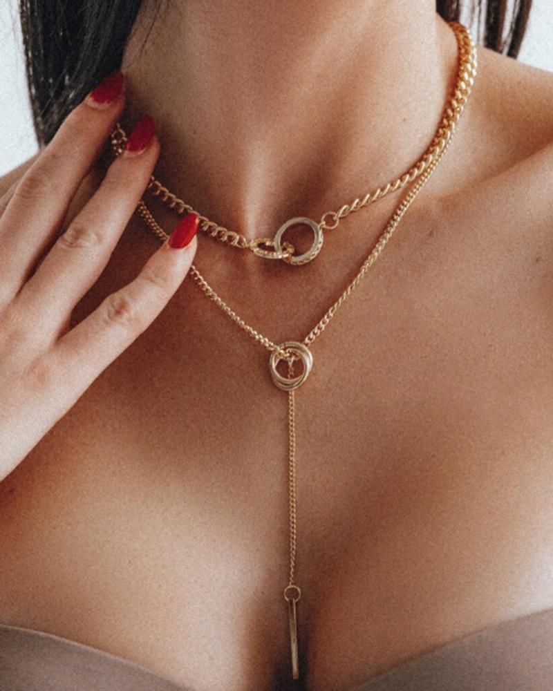 

1pcs Layered Double Rings Pendant Tassel Necklace, Gold