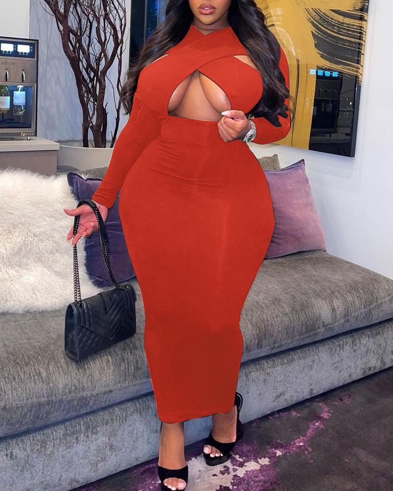 

Plus Size Cross Front Long Sleeve Maxi Dress, Red