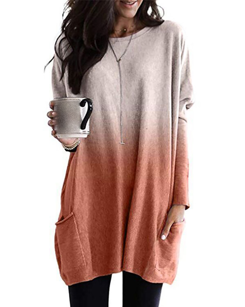 

Pocket Design Ombre Colorblock Casual Top, Orange