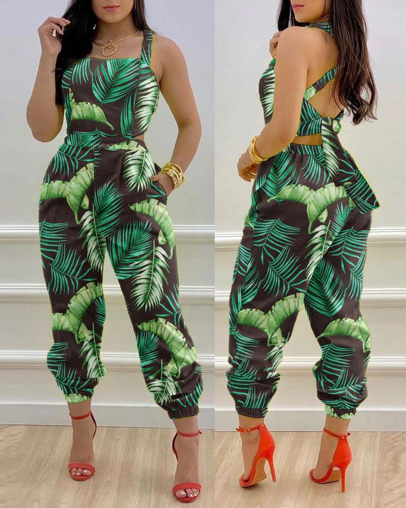 

Tropical Print Criss Cross Tied Detail Backless Jumpsuit, Green