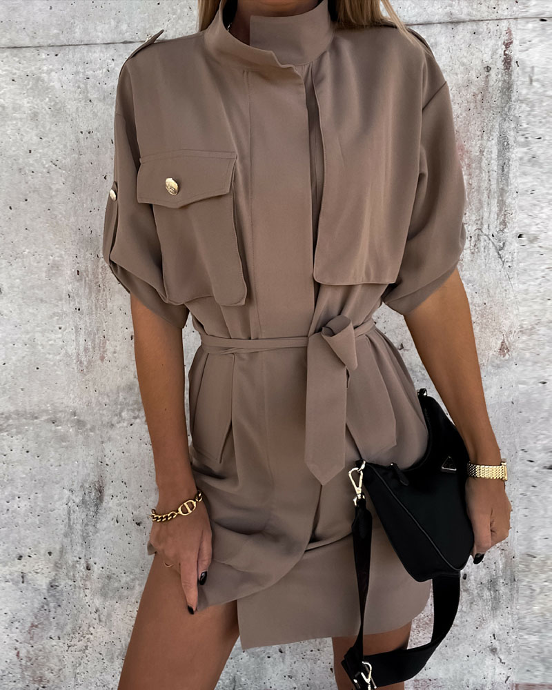 

Roll Up Sleeve Button Front Belted Shirt Dress, Coffee