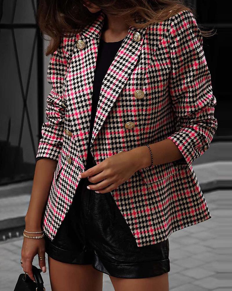

Houndstooth Print Colorblock Double Breasted Blazer Coat, Hot pink