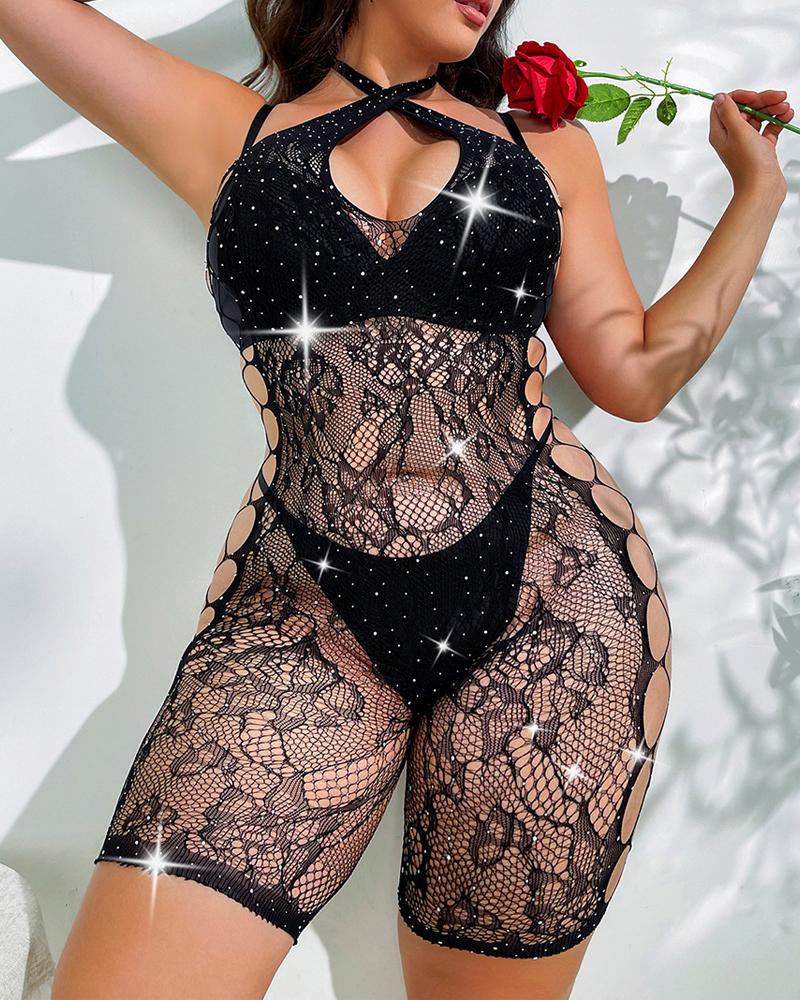 Plus Size Criss Cross Hollow Out Lace Bodystockings Romper