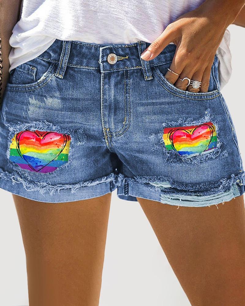 

Rainbow Heart Print Patchwork Ripped Denim Shorts, Blue