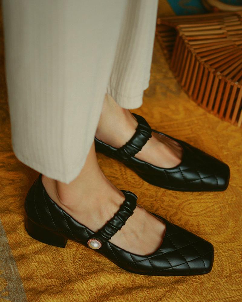 

Quilted Square Toe Chunky Mary Jane, Black