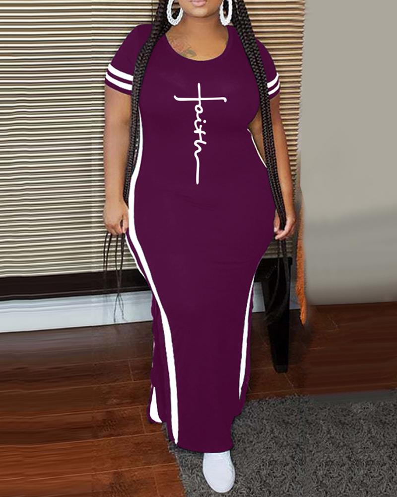 

Plus Size Striped Letter Print Slit Casual Dress, Purple