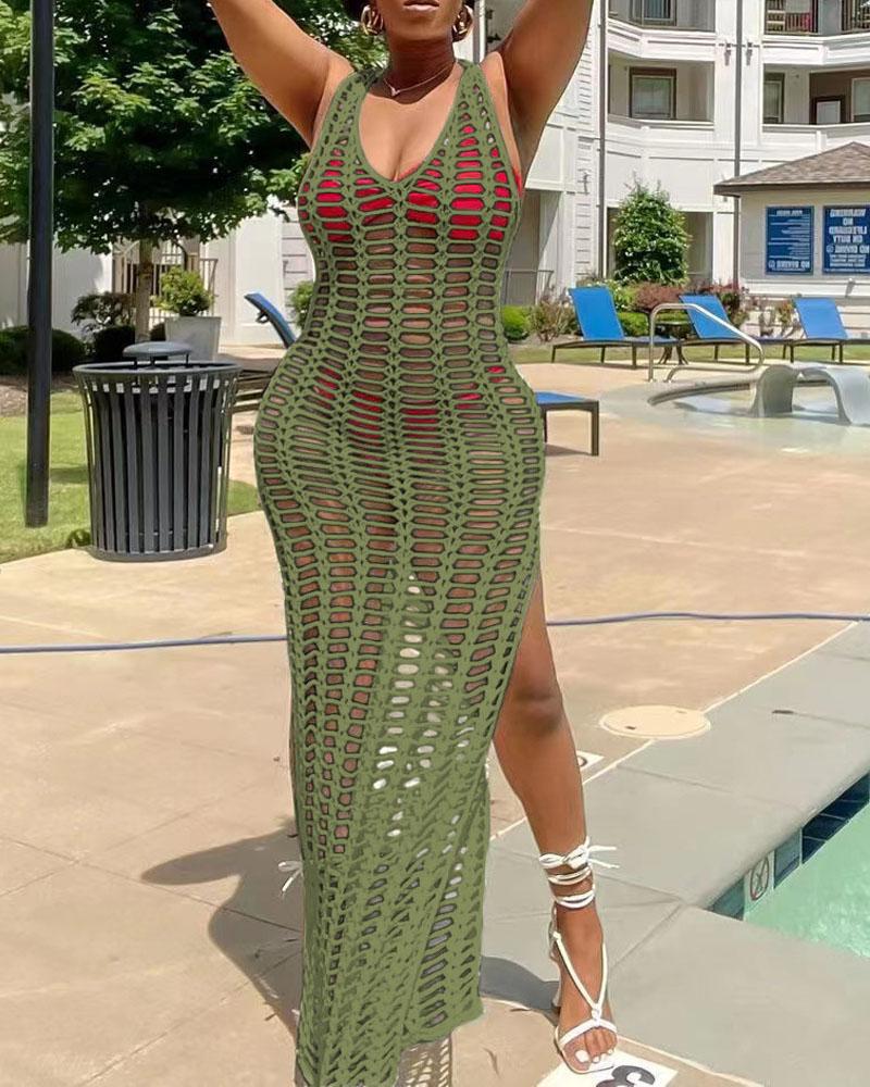 

Hollow Out High Slit Crochet Cover Up Beach Dress, Green