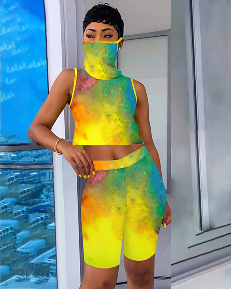 

Cartoon / Tie Dye Chain / Baroque Print Round Neck Top & Shorts Set, Yellow