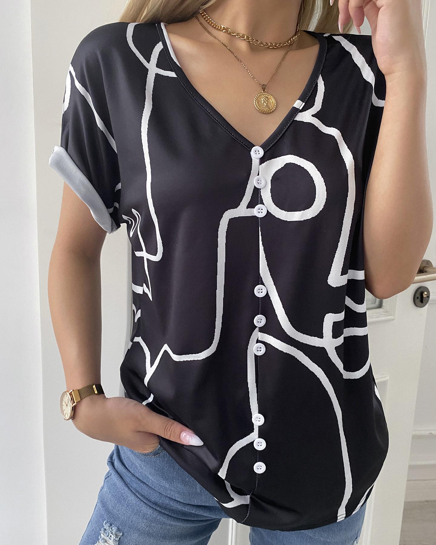 

V-neck Button Front Figure Print T-short, Black