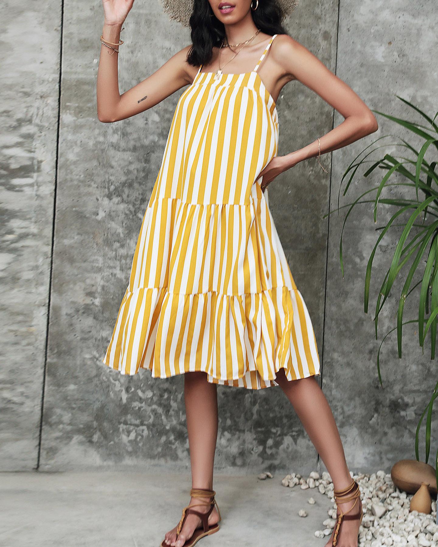 

Square Neck Striped Ruffle Dress, Yellow