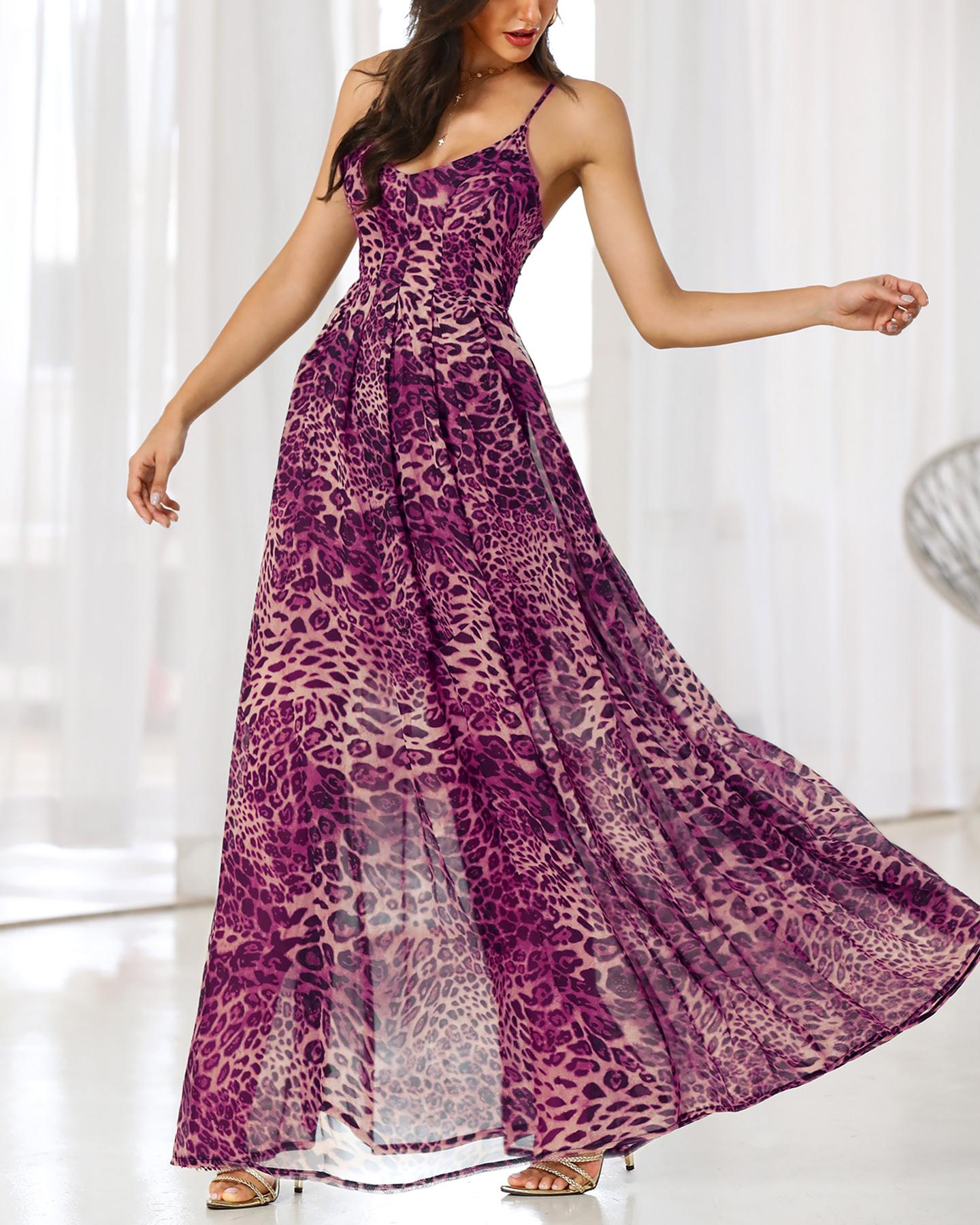 

Spaghetti Strap Leopard Print Maxi Women Dress, Red