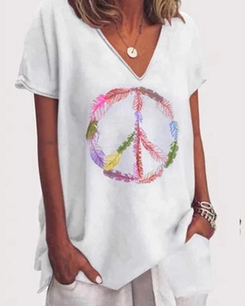 

Leaf Print V-Neck Casual T-shirt, White