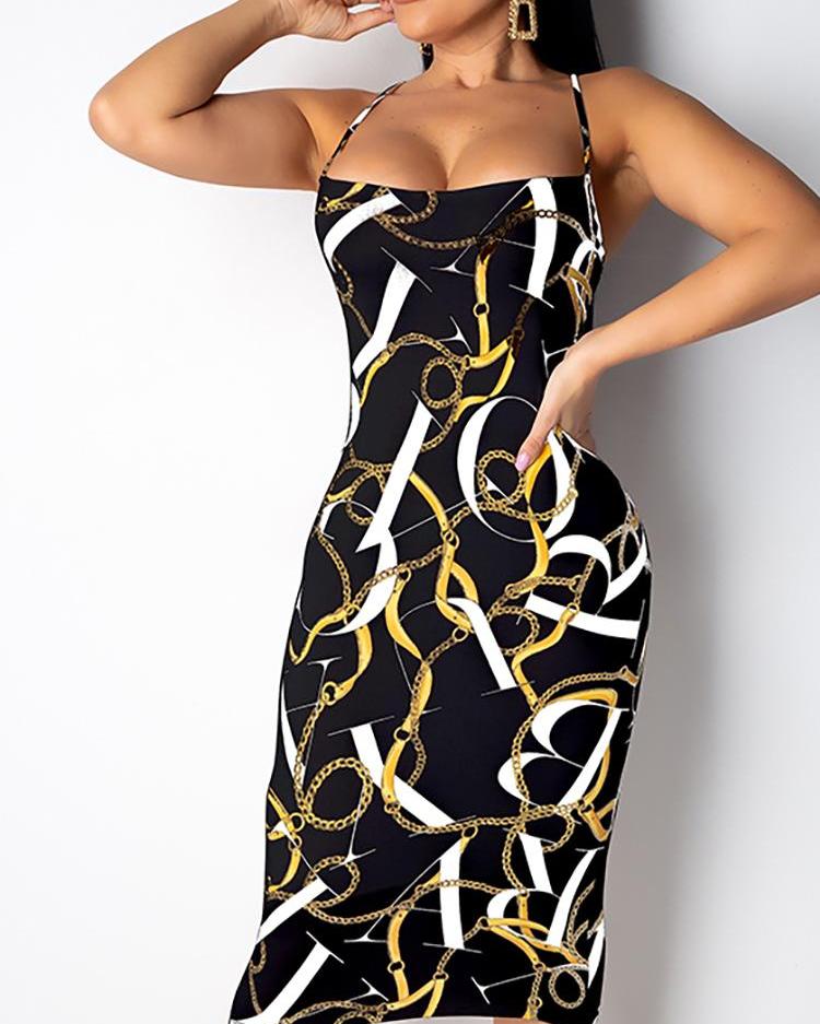 

Chain Print Crisscross Backless Midi Dress, Black