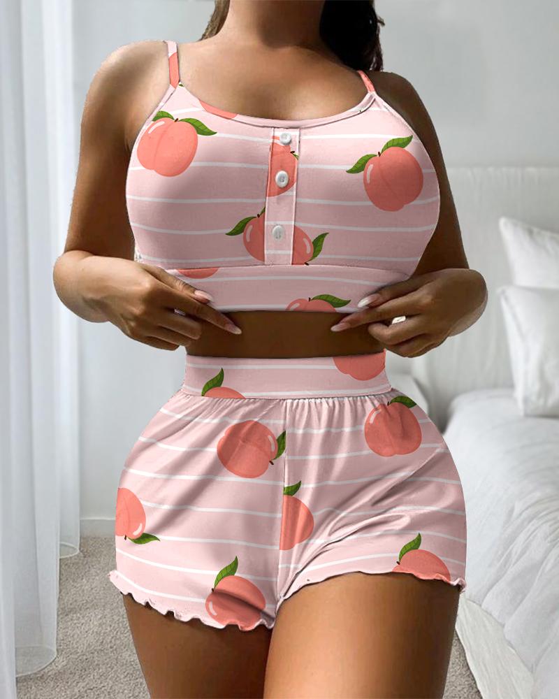 

Plus Size Peach Print U-Neck Button Front Cami Set, Pink