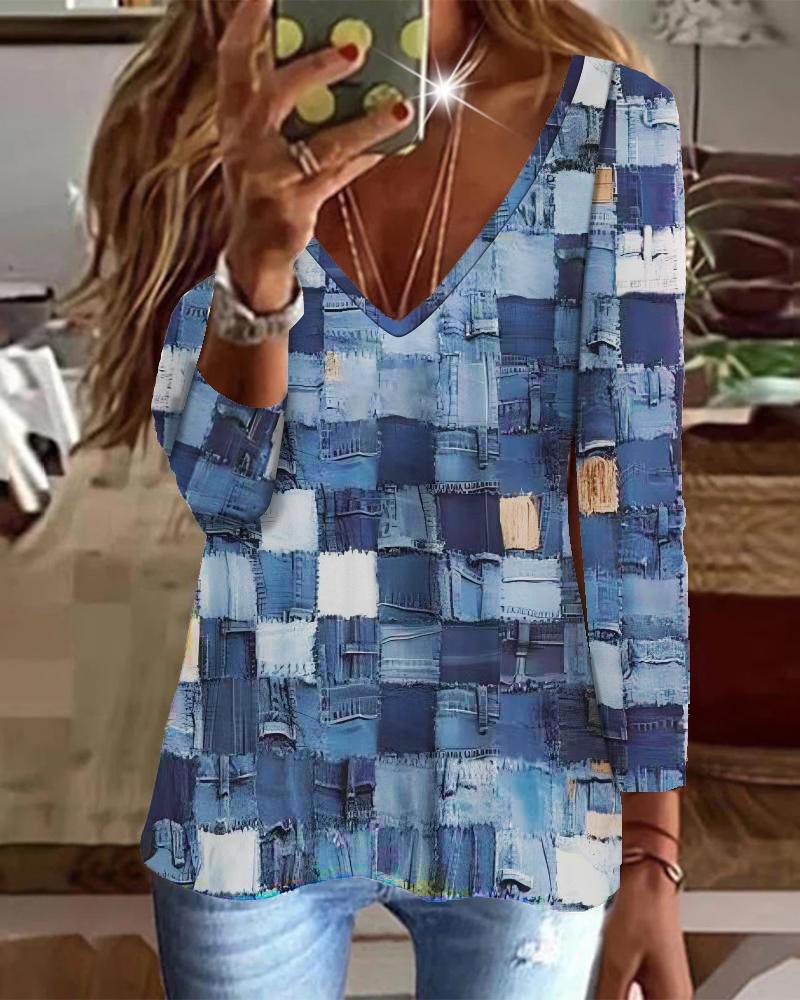 

Denim Look Print Long Sleeve Casual Top, Blue