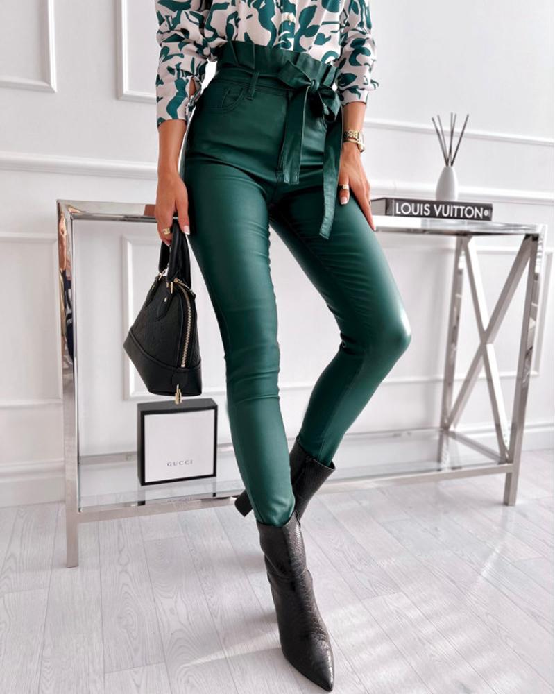 

PU Leather High Waist Belted Skinny Pants, Green