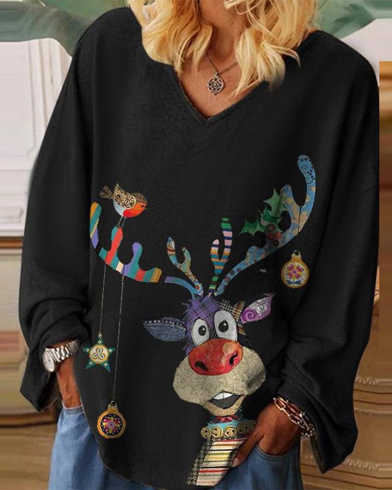 

Plus Size Christmas Elk Print Long Sleeve Casual Top, Black