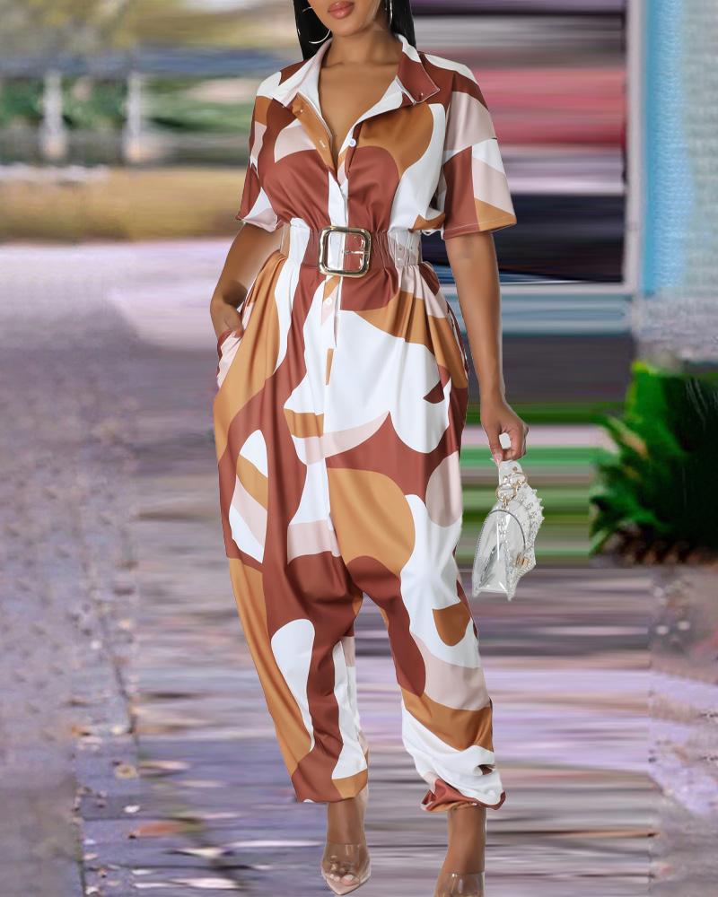 

Abstract Print Short Sleeve Buttoned Harem Jumpsuit Without Belt, Coffee