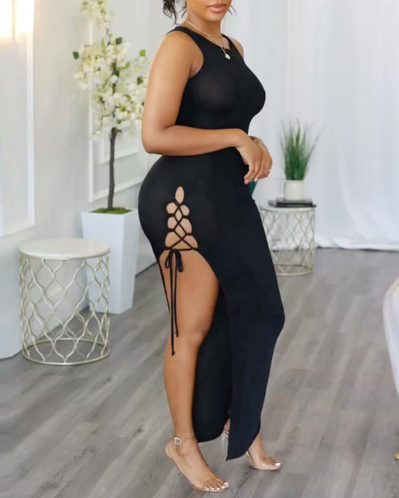 

Sleeveless Side Lace-up Slit Maxi Dress, Black