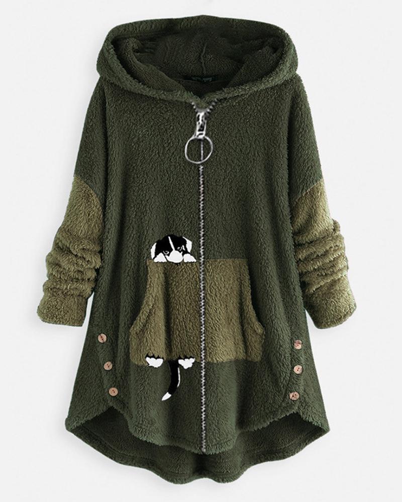 

Dog Print Long Sleeve Hooded Zip Up Teddy Coat, Green