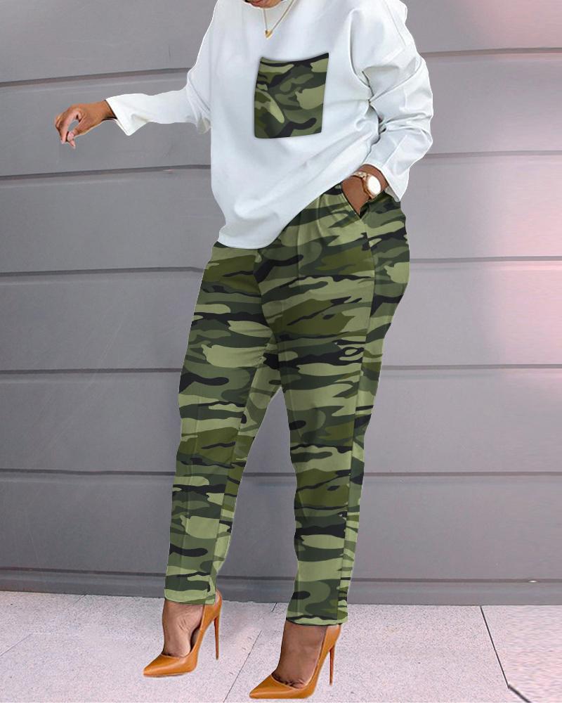 

Camo Print Long Sleeve Top & Pocket Design Pants Set, Camoflage