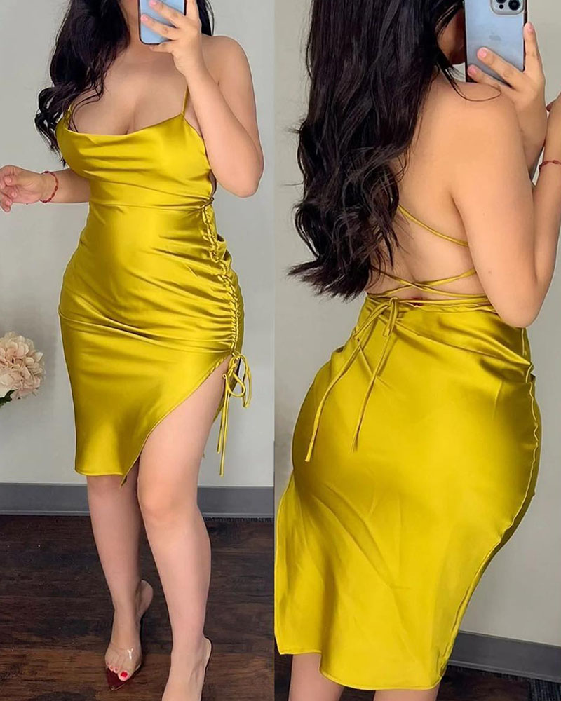 

Lace-up Backless Satin Slit Party Dress, Yellow