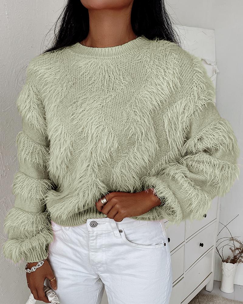 

Fluffy Tassel Design Long Sleeve Sweater, Green