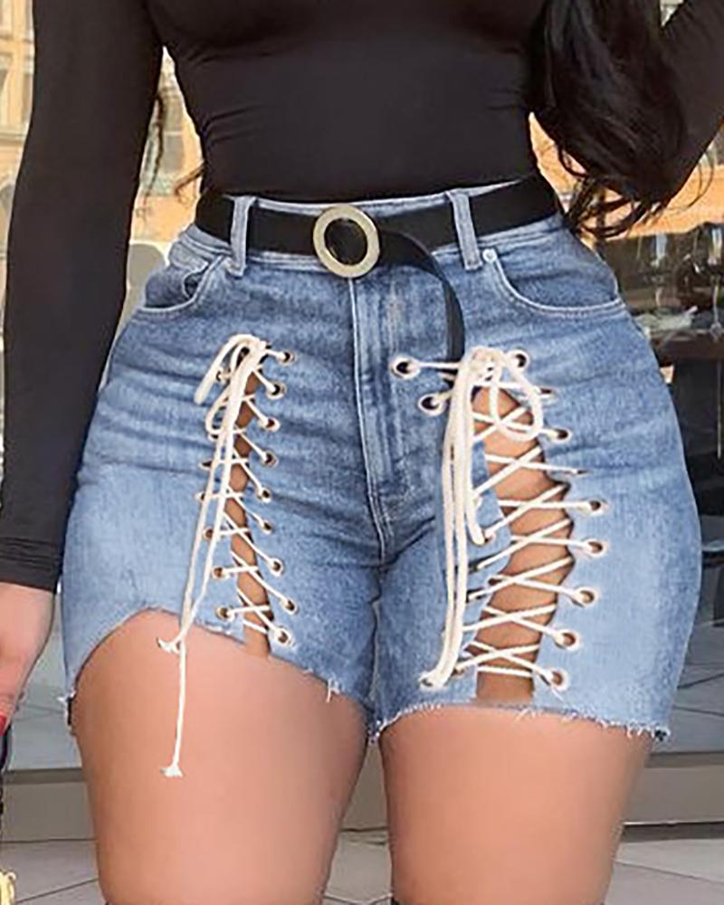 

High Waist Eyelet Lace Up Skinny Short Jeans, Blue