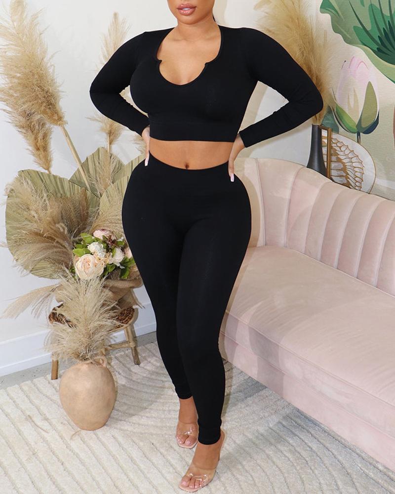 

Ribbed Long Sleeve Crop Top & High Waist Pants Set, Black