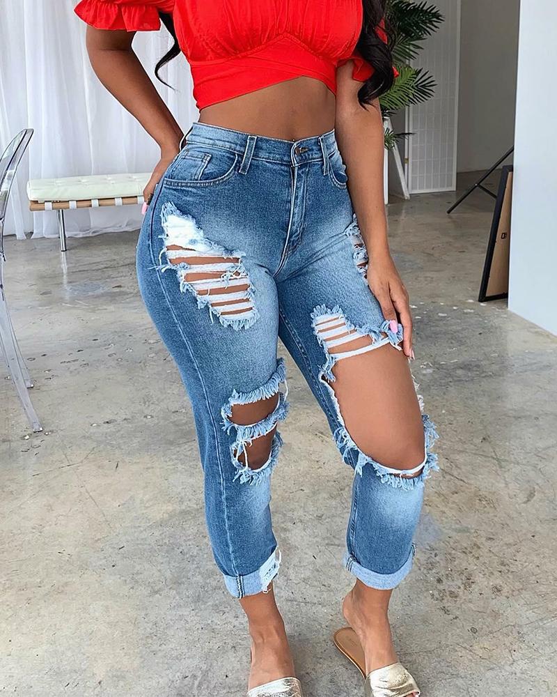 

Zipper Design Cutout Ripped Skinny Jeans, Blue