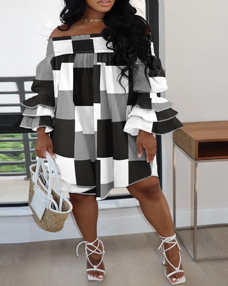 

Plus Size Geometric Print Off Shoulder Casual Dress, Black