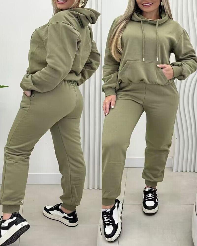 

Plus Size 2PCS Kangaroo Pocket Design Hoodie & Cuffed Sweatpants Set, Green