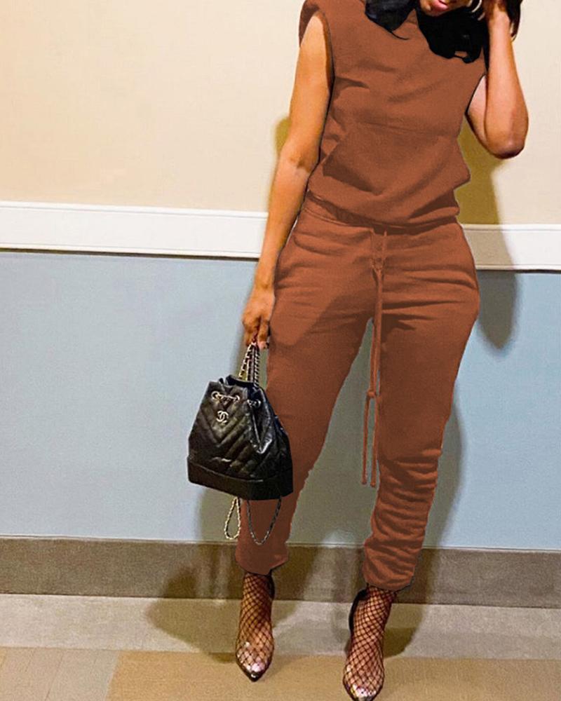 

Shoulder Pad Sleeveless Hooded Top & Drawstring Pants Set, Coffee