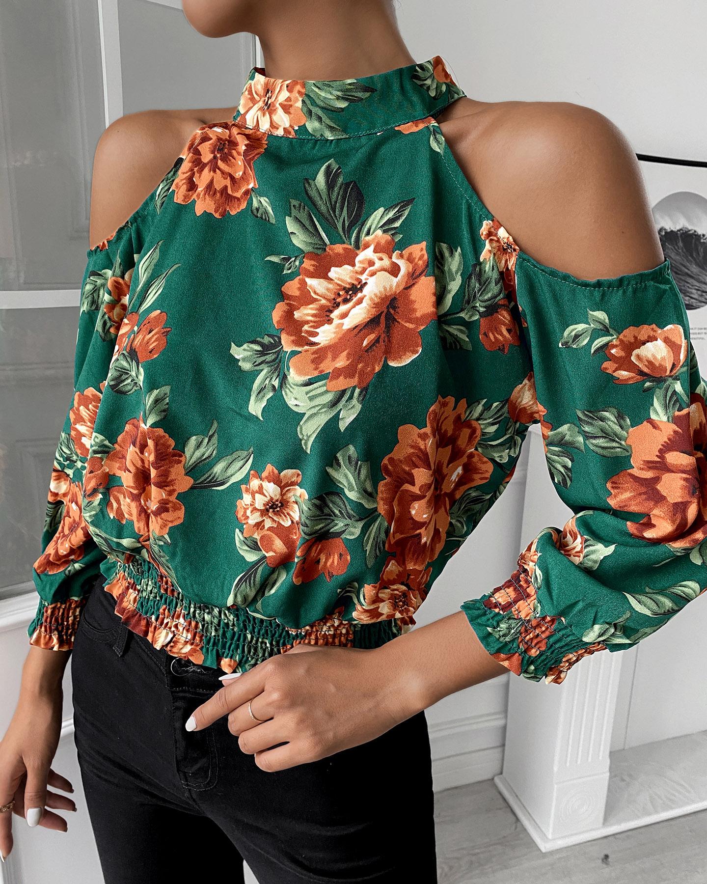 

Floral Print Cold Shoulder Blouse, Green