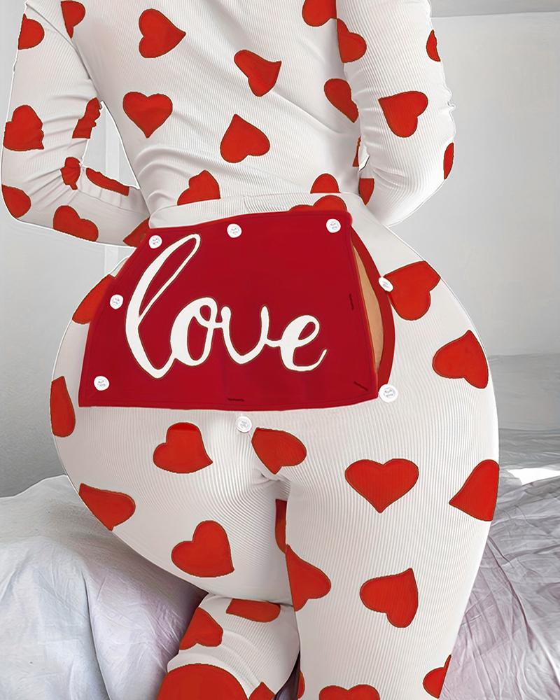 

Heart Letter Print Ribbed Functional Buttoned Flap Adult Onesie, Red