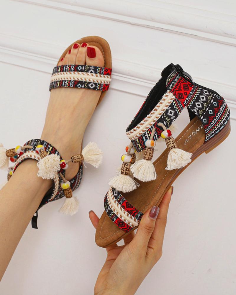 

Boho Style Round-toe Vintage Print Splicing Tassel Open Toe Flat Sandals, Black