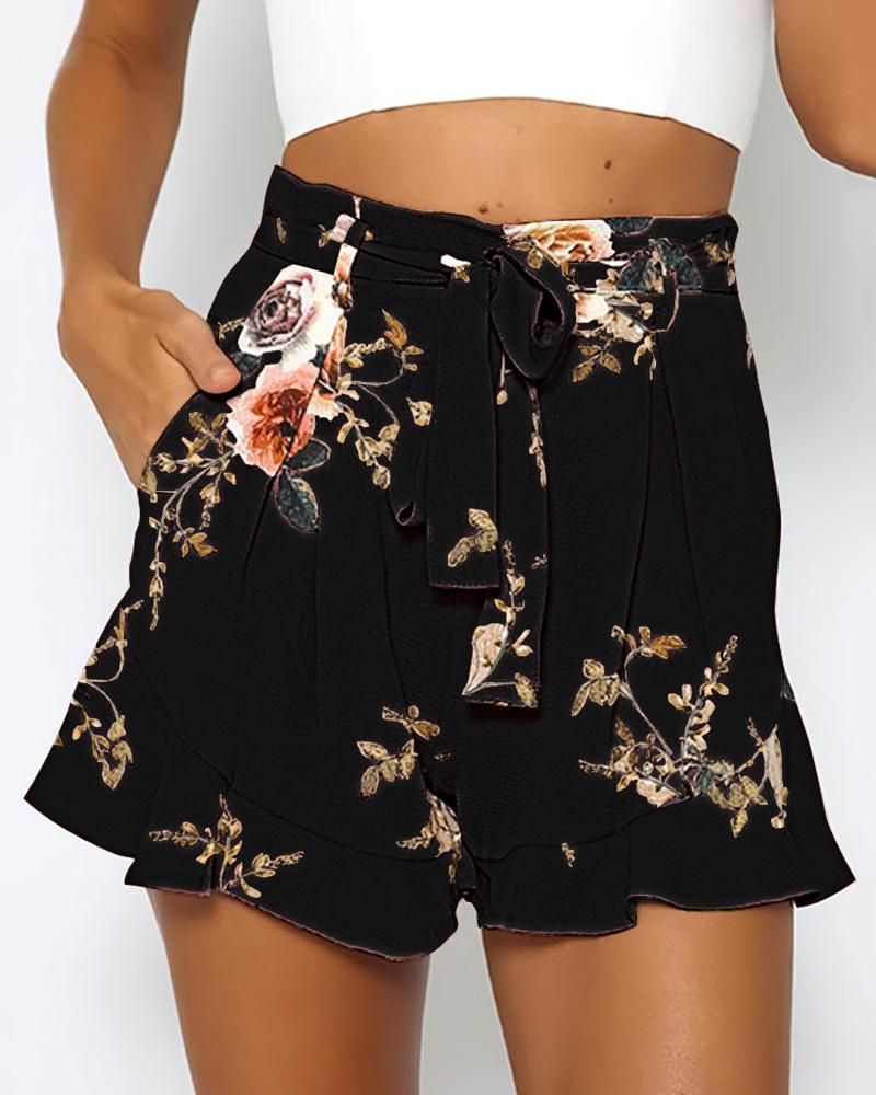 

Floral Belted High Waist Pleated Casual Shorts, Black