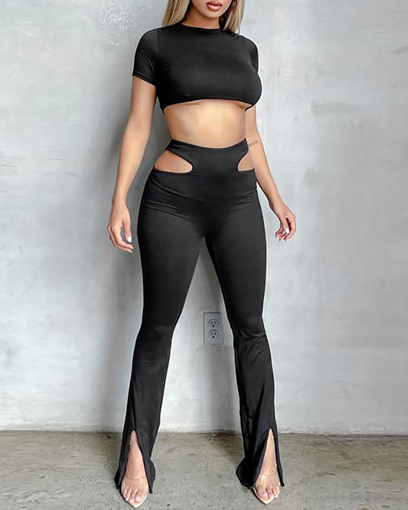 

Satin Short Sleeve Top & Cutout Slit Pants Set, Black