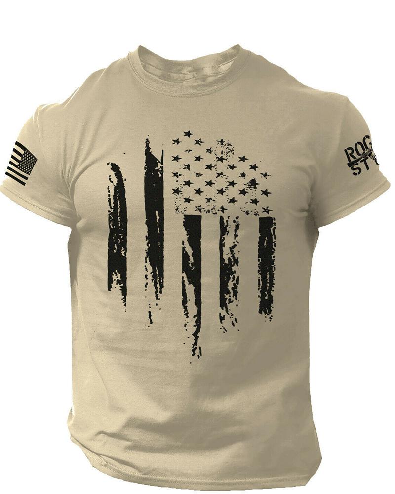 

National Flag Print & Letter Print Short Sleeve T-shirt, Khaki