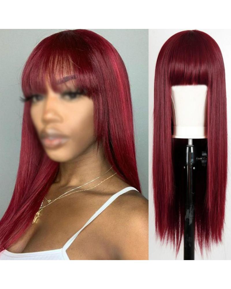 

28Inch Long Straight Hair Wig Natural Looking Synthetic Wig With Bangs, Wine red